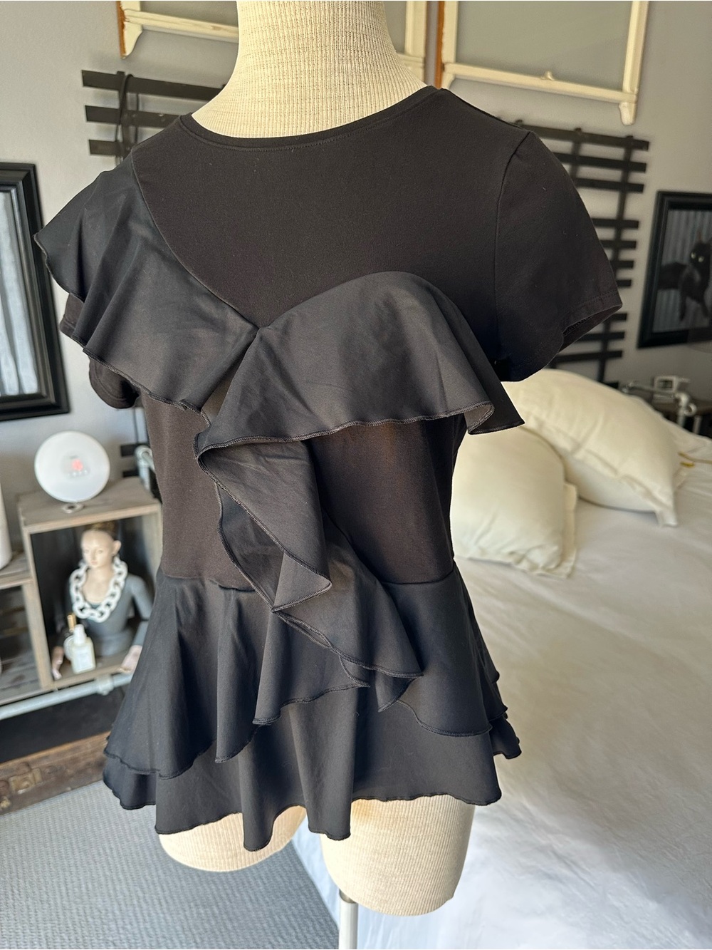 White House Black Market Black Ruffle Peplum Short-Sleeve Top, size medium